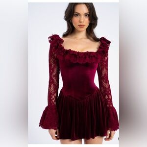 Yachira Burgundy Velvet Lace Flare Mini Dress